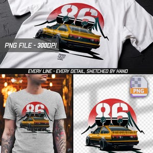 Op de afbeelding: Een wit t-shirt met een afbeelding van een gele sportwagen van achteren gezien, geplaatst voor een grote rode cirkel en zwarte bergsilhouetten. Het getal 86 staat in een groot wit lettertype boven de auto. De tekst PNG FILE - 300DPI is zichtbaar.