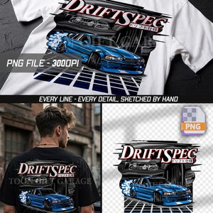 May include: A white t-shirt featuring a graphic of a blue drift car with smoke, a black car silhouette, and the text DRIFTSPEC with Japanese characters. The design includes a grid pattern and the text PNG FILE - 300DPI and EVERY LINE - EVERY DETAIL, SKETCHED BY HAND.