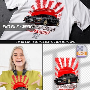 Op de afbeelding: Wit T-shirt met een afbeelding van een zwarte Subaru 22B STI auto en een rood zonnestraalontwerp. De tekst "SUBARU 22B STI" staat onder de auto. Het shirt heeft ook de tekst "PNG FILE - 3000DPI" en "EVERY LINE - EVERY DETAIL, SKETCHED BY HAND".
