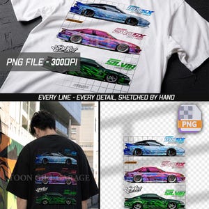 May include: White t-shirt featuring a graphic of three stylized cars in blue, pink, and green, with the text "180SX", "240SX", and "SILVIA". The shirt also has the text "PNG FILE - 300DPI" and "EVERY LINE - EVERY DETAIL, SKETCHED BY HAND".