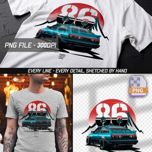 Op de afbeelding: Een wit t-shirt met een afbeelding van een groenblauwe sportwagen van achteren gezien, voor een grote rode cirkel en zwarte bergsilhouetten. Het getal 86 staat in een groot wit lettertype boven de auto. Tekst: PNG FILE - 300DPI.