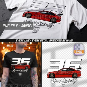 Könnte beinhalten: Weiße und schwarze T-Shirts mit einer roten Autografik und dem Text "35 Rocket Bunny". Das Design enthält den Text "PNG FILE - 3000DPI" und "EVERY LINE - EVERY DETAIL, SKETCHED BY HAND".