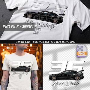 Könnte beinhalten: Weißes T-Shirt mit einer schwarzen Autografik, der Zahl "35" und den Worten "Rocket Bunny". Das Design enthält auch den Text "PNG FILE - 300DPI" und "EVERY LINE - EVERY DETAIL, SKETCHED BY HAND".
