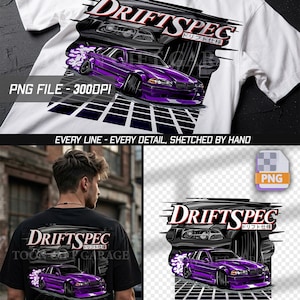 May include: A white t-shirt featuring a graphic print of a purple drift car with smoke coming from the tyres, a black and white grid pattern, and the text DRIFTSPEC with Japanese characters. The design includes a black car silhouette background.