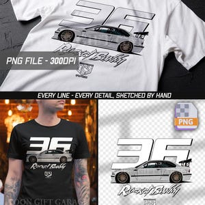 Könnte beinhalten: Weiße und schwarze T-Shirts mit einem Autodesign und dem Text "35 Rocket Bunny". Das Design beinhaltet eine stilisierte Autoillustration und den Text "EVERY LINE - EVERY DETAIL, SKETCHED BY HAND". Das Bild enthält auch ein PNG-Dateisymbol.