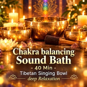 May include: Three metallic gold singing bowls with an Om symbol engraving, a wooden mallet, and lit candles. Text reads: Chakra balancing SOUND Bath - 40 Min - Tibetan Singing Bowl deep Relaxation. Includes a white lotus flower.