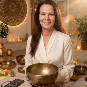 Könnte beinhalten: Eine Person hält eine große, runde, metallische Klangschale mit gehämmertem Muster und einem warmen, goldenen Finish. Die Schale hat eine weite Öffnung und einen glatten, gewölbten Boden. Die Person trägt eine cremefarbene Wickelbluse mit langen Ärmeln.