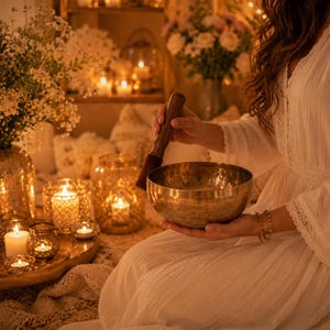 May include: A metallic singing bowl with a smooth, rounded interior and a textured exterior, held alongside a wooden mallet. The bowl features a warm, golden-bronze finish, reflecting the soft, ambient light of nearby candles and floral arrangements.
