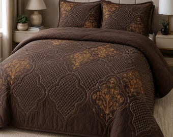 Double bed quilted embroidery comforter(bedcover) dark brown colour, king size 90*108*