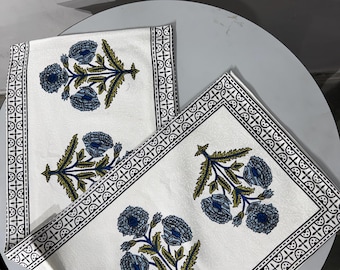 Floral printed canvas fabric runner, block printed , bagru print , unique & elegant prints , multiple colours .