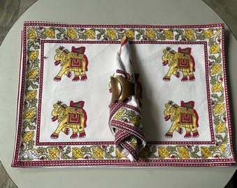 Block Printed Elephant Canvas Placemats and Napkins Set