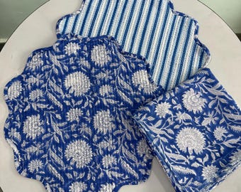 Reversible Quilted Placemats, Blue Floral Block Print Cotton, Set of 6