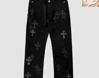 Spodnie z chromowanym krzyżem, czarne, jeansowe, dżinsy w stylu gotyckim, modne spodnie unisex,