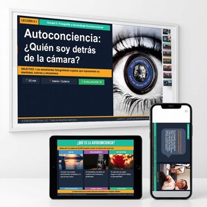 May include: A white framed presentation screen, a tablet, and a smartphone display educational content. The screen shows the text "Self Awareness: Who am I behind the lens?" and a close-up of an eye. The tablet and phone show related information.