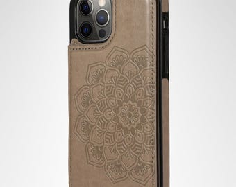 Étui portefeuille en similicuir pour iPhone : porte-cartes magnétique en relief mandala