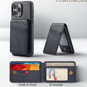 Può includere: Una custodia per telefono nera con portacarte integrato, mostrata attaccata a uno smartphone e come portafoglio pieghevole separato. Il portafoglio presenta uno scomparto per contanti o carte e una finestra trasparente con un documento d'identità.