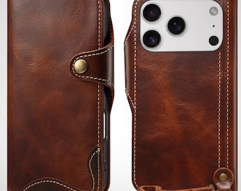 Étui portefeuille en cuir véritable avec dragonne et fentes pour carte pour iPhone