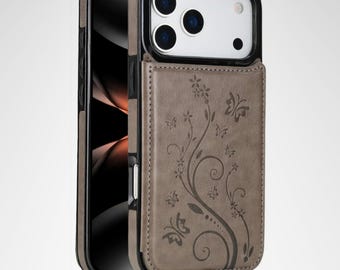 Etui portefeuille pour iPhone en cuir gaufré | Housse de protection pour téléphone avec porte-cartes floral