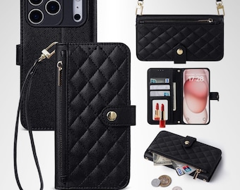 Étui portefeuille en similicuir pour iPhone avec bandoulière