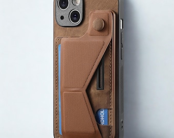 Étui porte-cartes en similicuir pour iPhone avec support coulissant