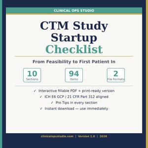 May include: A teal and gold graphic with the text "CTM Study Startup Checklist" and "From Feasibility to First Patient In." It includes details on 10 sections, 94 items, and 2 file formats. The checklist is an interactive fillable PDF and print-ready version.