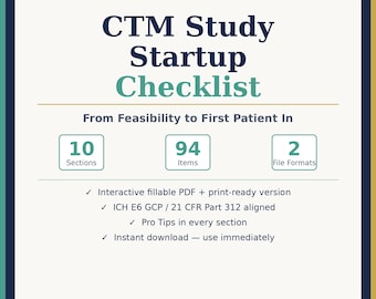 Lista de verificación para el inicio del estudio CTM / Kit de herramientas para el gestor de ensayos clínicos / PDF rellenable + imprimible / Inicio del estudio a FPI