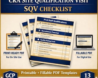 Lista de verificación de la visita de calificación del sitio (SQV) del CRA / Descarga digital de archivos PDF rellenables y listos para imprimir / Herramienta de monitoreo del asociado de investigación clínica