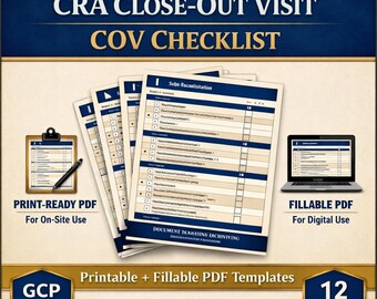 Lista de verificación de la visita de cierre del CRA / PDF rellenable COV para el cierre del sitio del ensayo clínico / Descarga digital