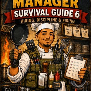 May include: A book cover titled The Restaurant Manager Survival Guide 6: Hiring, Discipline & Firing by Chef Jonny Blaze. It features a chef in a tactical vest holding a frying pan and a clipboard with a checklist, surrounded by kitchen tools.