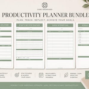 Op de afbeelding: Een productiviteitsplannerbundel met vier sjablonen, waaronder een maandelijkse doelplanner, een gewoontetracker, een dagelijks activiteitenlogboek en een wekelijks activiteitenlogboek. Het ontwerp is minimalistisch met groene accenten en de tekst "Productivity Planner Bundle".