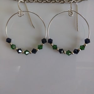 Hoop earring, solid silver wire and beads, Swarovski crystals