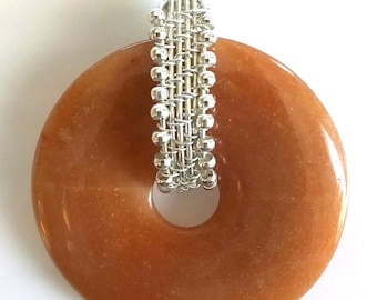 Carnelian Donut Pendant, Woven Fine Silver Bail