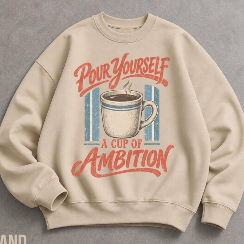 Pour Yourself a Cup of Ambition Sweatshirt, Retro Coffee Crewneck, Vintage Motivational Sweater, Coffee Lover Gift image 3