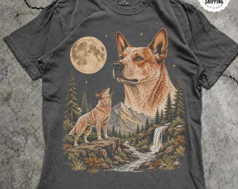 Red Heeler Howling Moon Graphic Tee, Australian Cattle Dog Shirt, Vintage Heeler Tee, Moon Dog Shirt, Cattle Dog Lover Gift