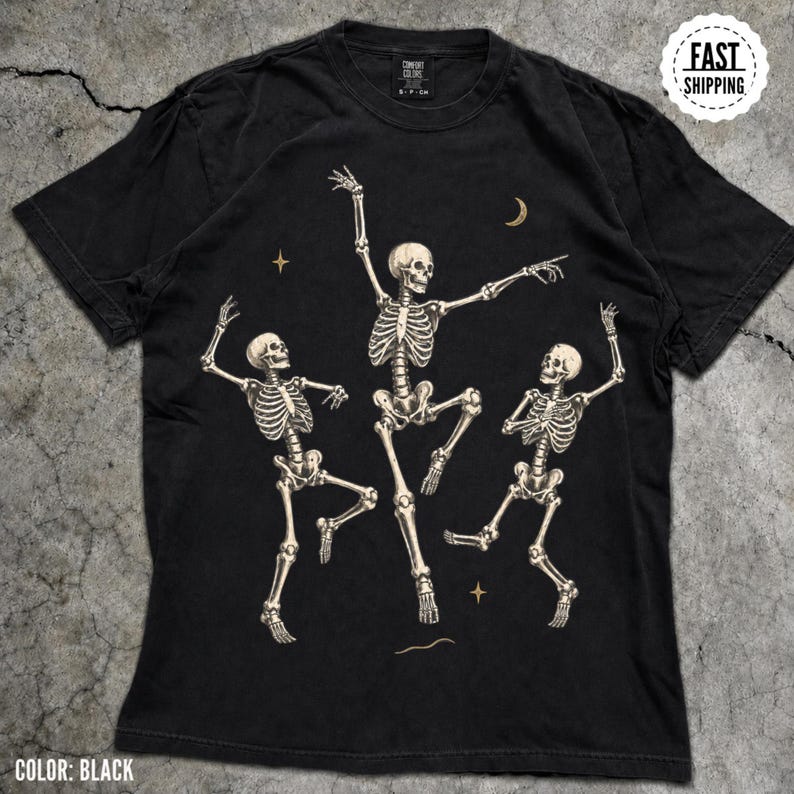 Dancing Skeletons T Shirt Vintage Spooky Graphic Tee, Retro Skeleton Halloween Shirt, Gothic Dance Tee, Skeleton Lover Gift image 3