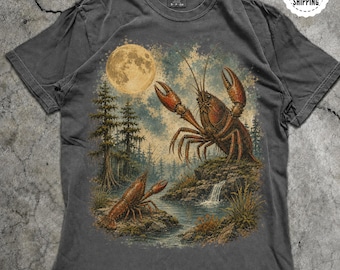 Crawfish Moon Graphic Tee, Vintage Crawfish Shirt, Retro 90s Seafood Animal Tee, Crawfish Lover Gift