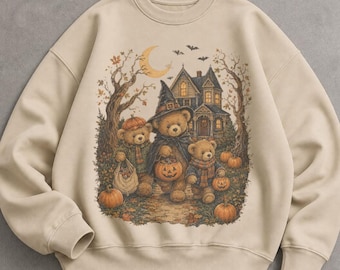 Trick-or-Treat Bears Sweatshirt, Vintage Halloween Bear Crewneck, Cute Spooky Teddy Sweater, Pumpkin Witch Pullover, Fall Gift