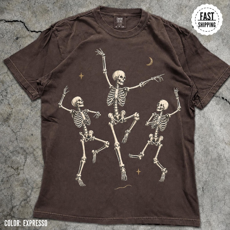 Dancing Skeletons T Shirt Vintage Spooky Graphic Tee, Retro Skeleton Halloween Shirt, Gothic Dance Tee, Skeleton Lover Gift image 2