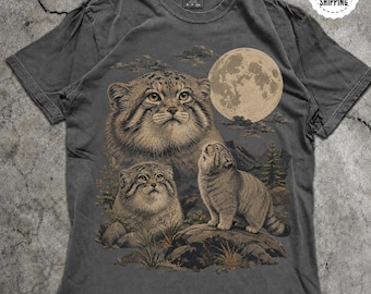 Manul Cat Howling to the Moon Shirt, Vintage Pallas's Cat Tee, Retro 90s Wild Cat Graphic, Moon Cat Lover Gift