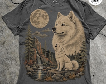 Vintage Samoyed Howling to the Moon Shirt, Samoyed Moon Graphic Tee, Arctic Nature Dog Shirt, Samoyed Lover Gift