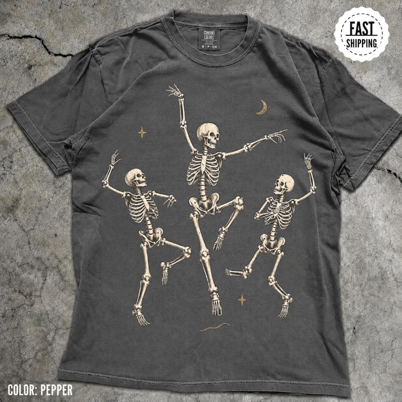Dancing Skeletons T Shirt Vintage Spooky Graphic Tee, Retro Skeleton Halloween Shirt, Gothic Dance Tee, Skeleton Lover Gift image 1
