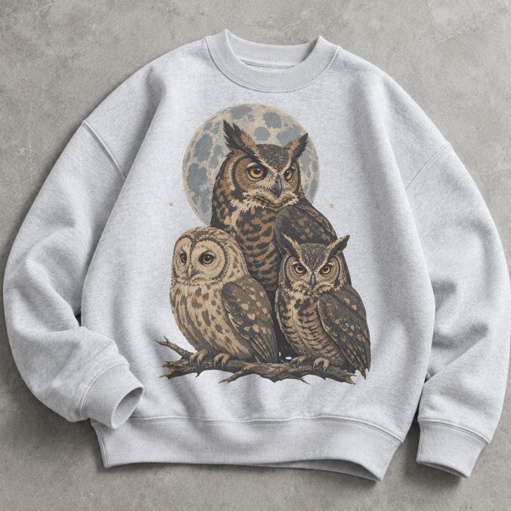 Three Owls Vintage Sweatshirt, Retro Owl Moon Crewneck, Woodland Bird Sweater, 90s Wildlife Pullover