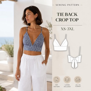May include: A sewing pattern for a tie back crop top in sizes XS-3XL. The image displays a navy and white gingham crop top with thin straps and a deep V-neckline, alongside technical line drawings showing the front and the back tie detail.