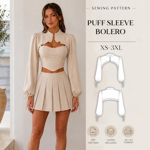 Puede incluir: Un patrón de costura para un bolero beige de mangas abullonadas, escote corazón y mangas largas con lazos. El texto dice SEWING PATTERN PUFF SLEEVE BOLERO XS-3XL. Incluye dibujos técnicos e iconos de PDF, capas y formatos de impresión A4/A0.