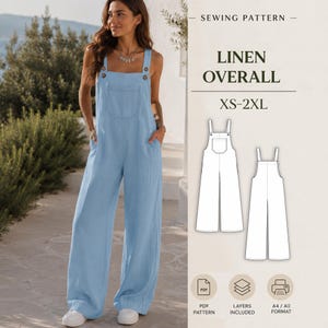 May include: A light blue linen overall sewing pattern featuring a front bib pocket, wide legs, and button closures at the shoulders. The graphic includes the text SEWING PATTERN, LINEN OVERALL, XS-2XL, PDF PATTERN, LAYERS INCLUDED, and A4 / A0 FORMAT.