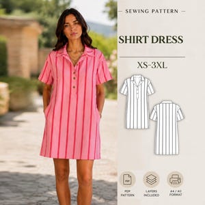 Puede incluir: Un patrón de costura para un vestido camisero en tallas XS-3XL. El diseño presenta un vestido de manga corta con cuello, tapeta de botones y rayas verticales en rosa y rosa claro. Incluye dibujos técnicos de la parte delantera y trasera.
