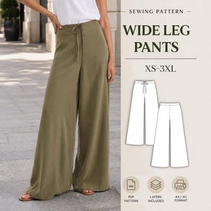 Puede incluir: Un patrón de costura para pantalones de pierna ancha en tallas XS-3XL. La imagen muestra pantalones de pierna ancha color verde oliva con cintura de cordón, un dibujo técnico de los pantalones e iconos de patrón PDF, capas y formato A4/A0.