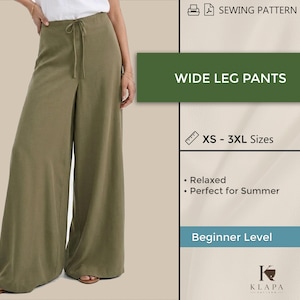 May include: Olive green wide leg pants with a drawstring waist. The text on the right side reads SEWING PATTERN, WIDE LEG PANTS, XS - 3XL Sizes, Relaxed, Perfect for Summer, Beginner Level, and KLAPA PATTERN with a logo of an elephant.