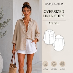 May include: A sewing pattern for an oversized linen shirt in sizes XS-3XL. The image displays a beige button-down shirt with long sleeves and a chest pocket, paired with white shorts. Includes technical line drawings of the front and back views.