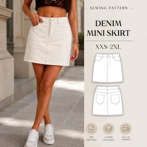 Könnte beinhalten: Ein Schnittmuster für einen Jeans-Minirock in den Größen XXS-2XL. Das Bild zeigt einen weißen Jeans-Minirock mit Knopfverschluss und Vordertaschen sowie eine technische Strichzeichnung, die die Vorder- und Rückansicht des Rocks darstellt.